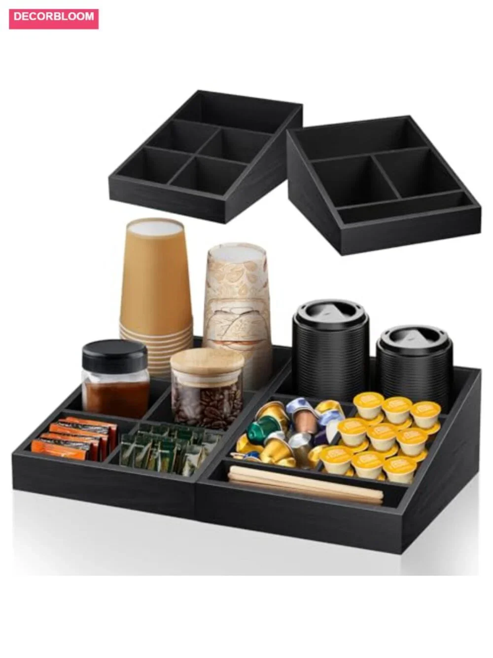 Solid Pine Wood Coffee Station Organizer with 9 Compartments